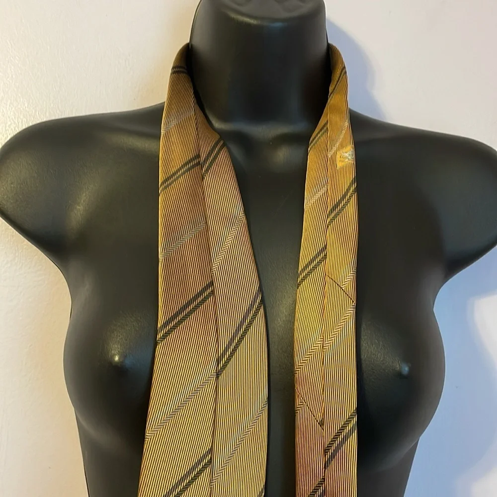 Burberry London Gold Yellow Striped and Logo Silk Necktie Tie